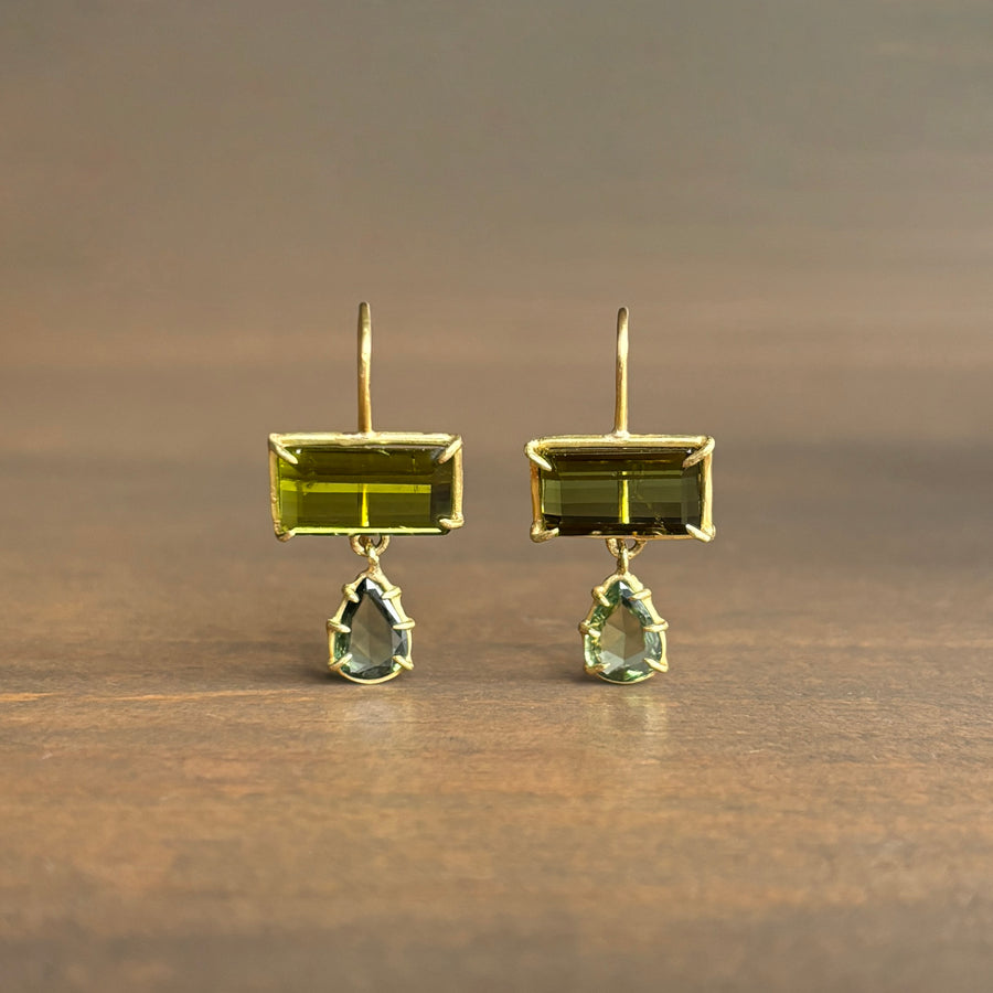 Green Tourmaline & Sapphire Double Drop Earrings
