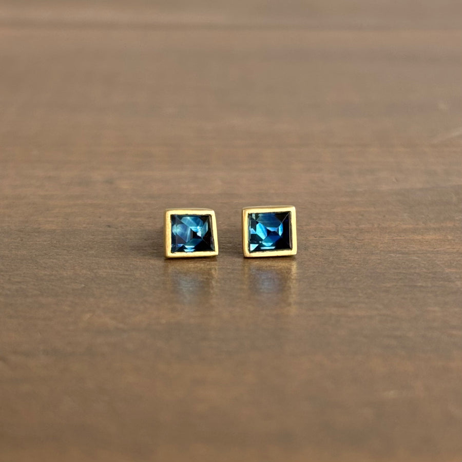 Squarish Blue Sapphire Stud Earrings