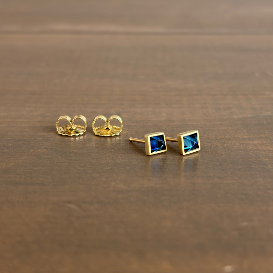 Squarish Blue Sapphire Stud Earrings