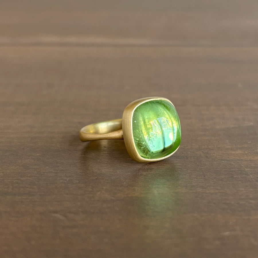 Pale Green Tourmaline Square Cabochon Ring