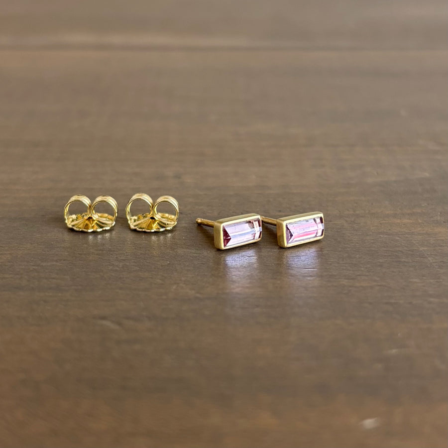 Pale Peachy Pink Tourmaline Baguette Stud Earrings