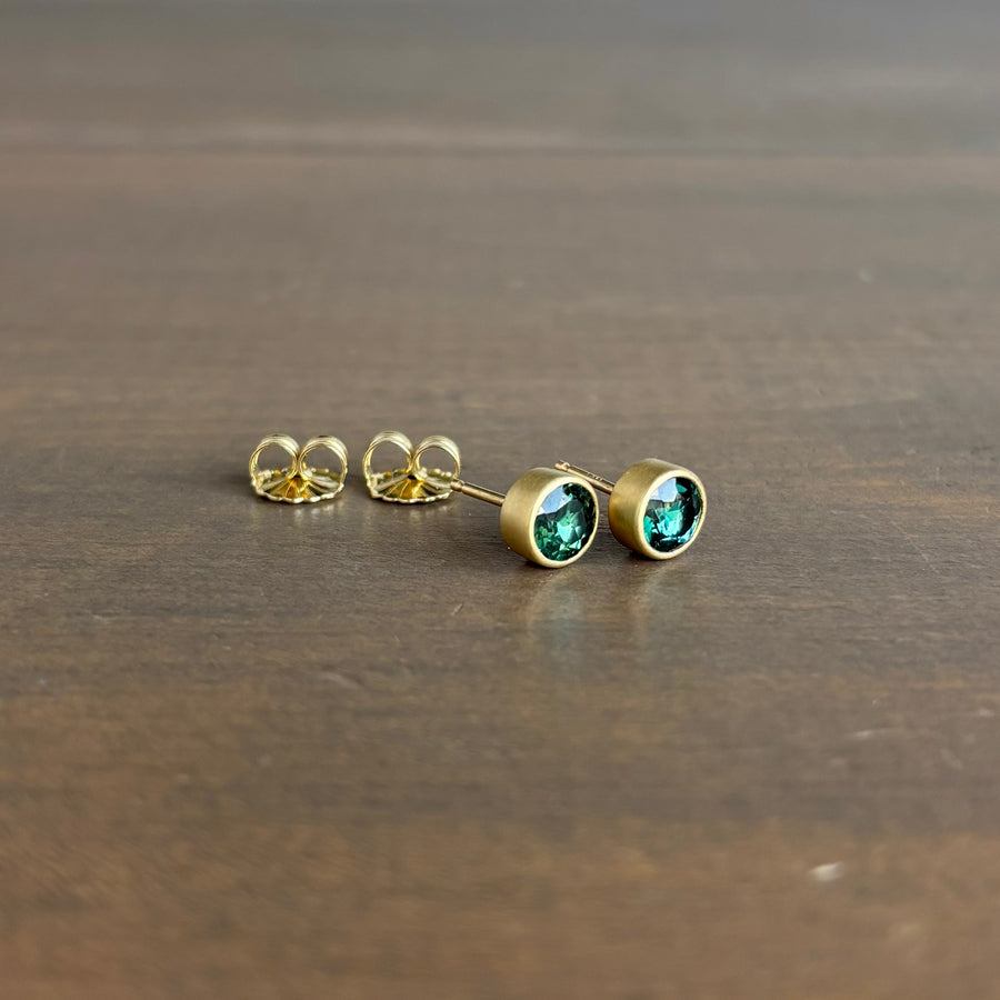 Round Green Faceted Tourmaline Stud Earrings