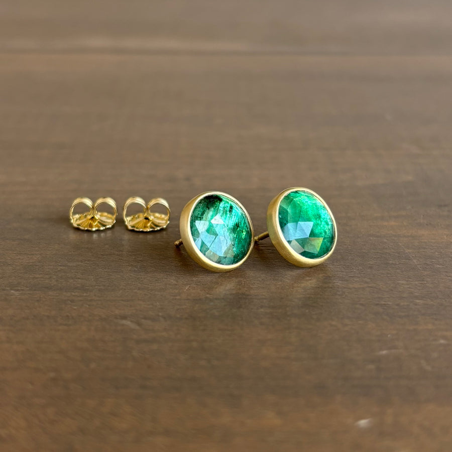 Large Round African Emerald Button Stud Earrings