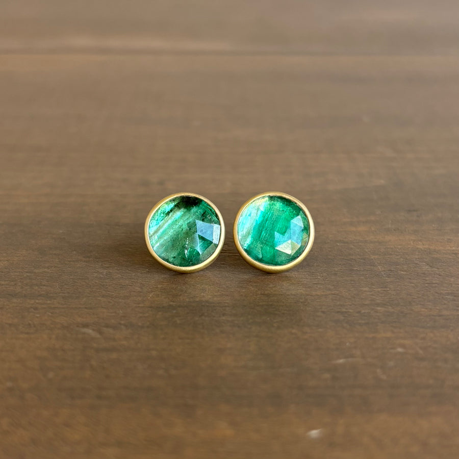 Large Round African Emerald Button Stud Earrings