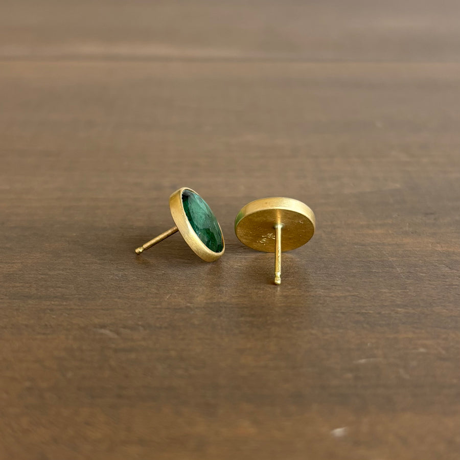 Large Round African Emerald Button Stud Earrings