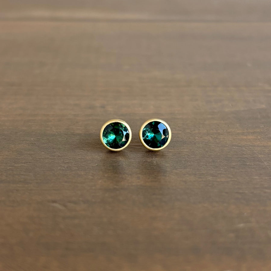 Round Green Faceted Tourmaline Stud Earrings