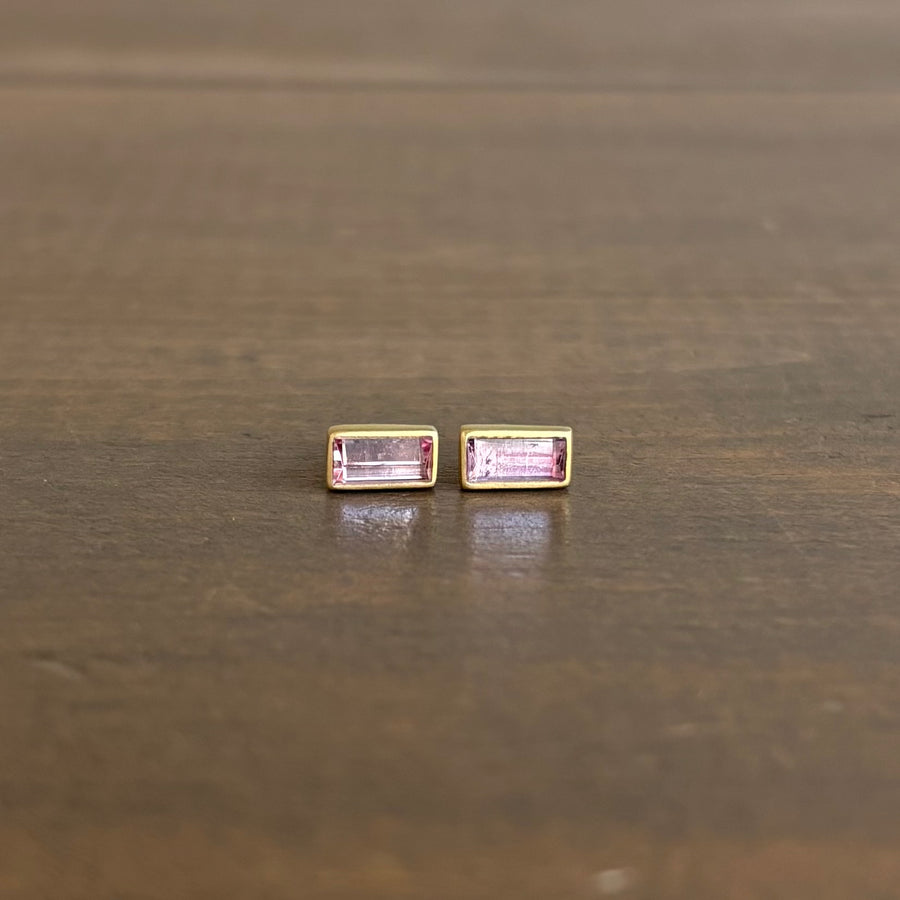Pale Peachy Pink Tourmaline Baguette Stud Earrings