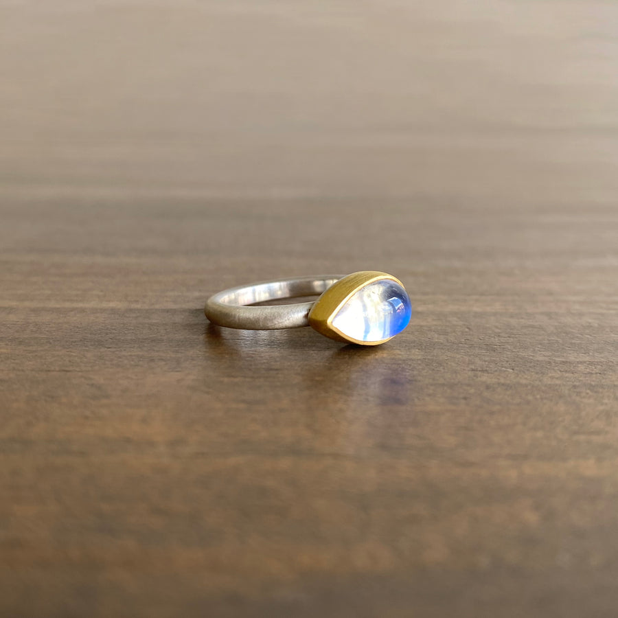 Cabochon Rainbow Moonstone Teardrop Ring