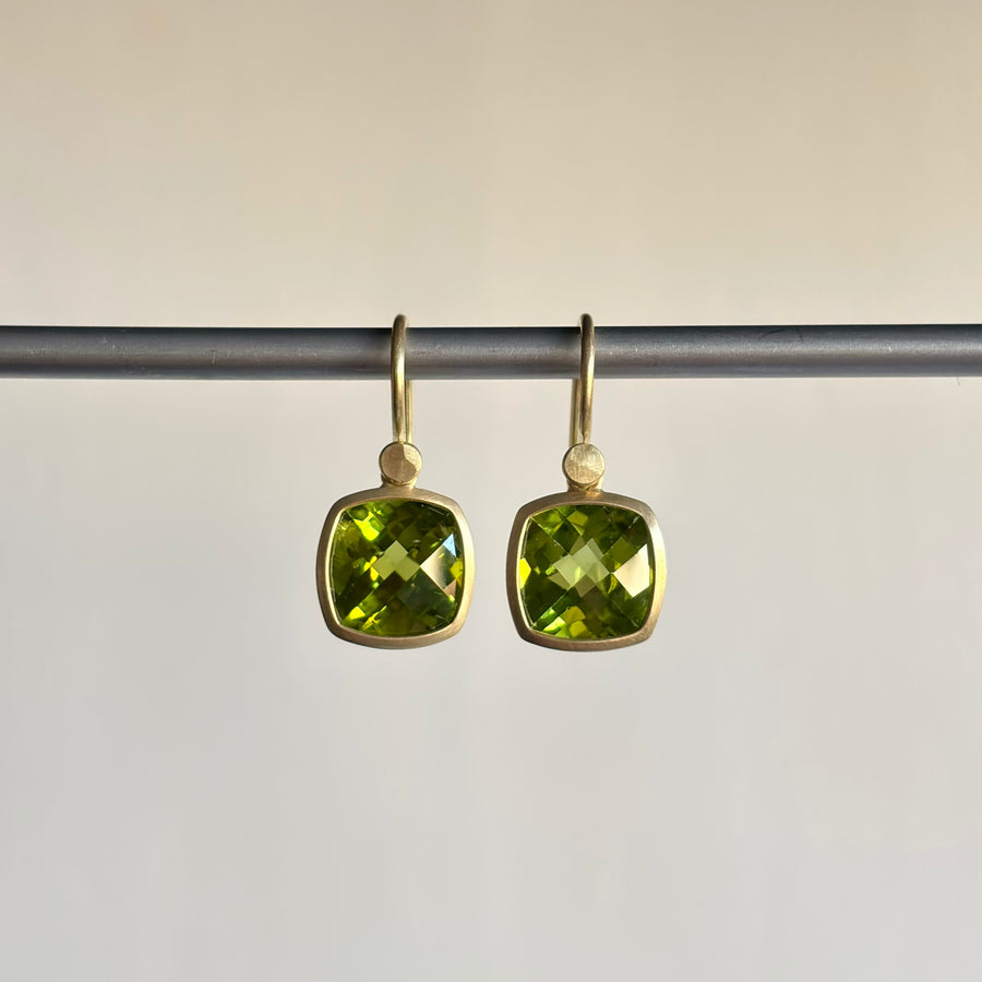 Checkered Peridot Cushion Drop Earrings