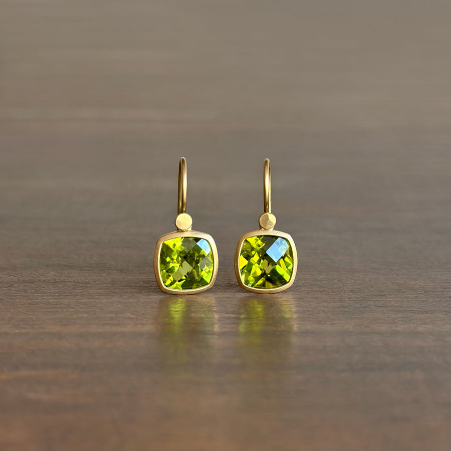 Checkered Peridot Cushion Drop Earrings