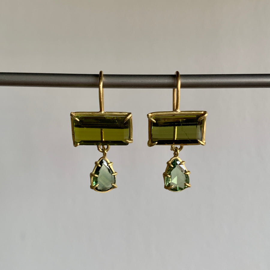 Green Tourmaline & Sapphire Double Drop Earrings