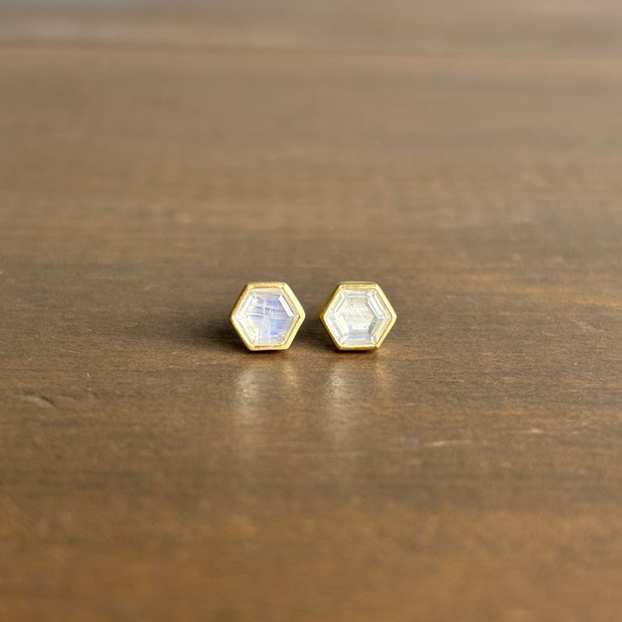 Mini Hexagon Moonstone Stud Earrings