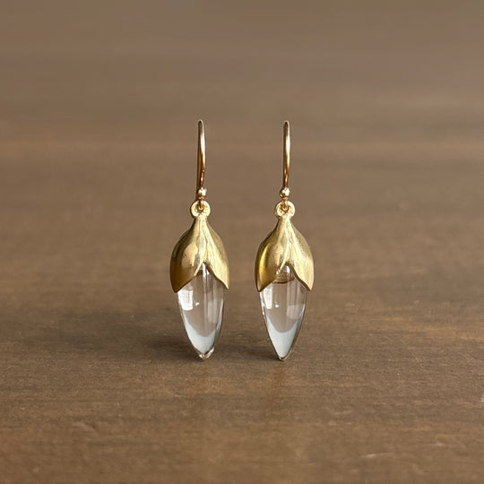Gold earrings with clear stones on a brown background