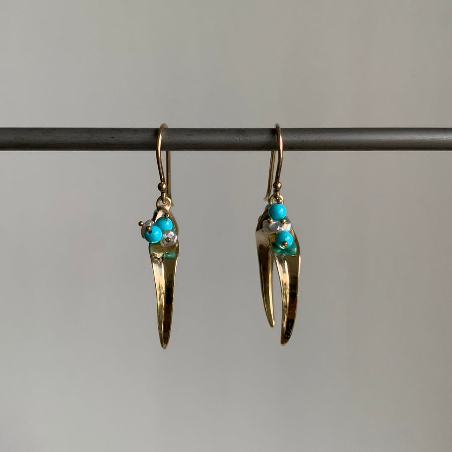 10k Gold Day Flower Hoop Earrings with Pearls and Sleeping Beauty Turquoise hanging