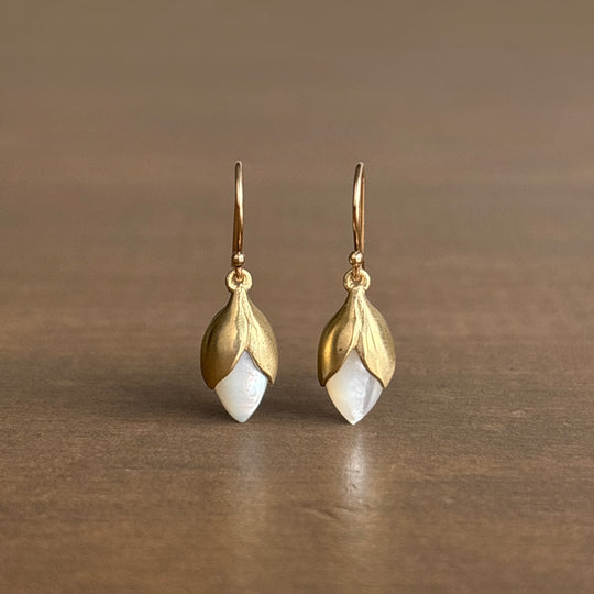 Gold earrings with white stones on a brown background