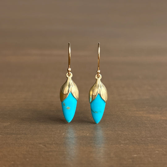 Gold and turquoise earrings on a brown surface