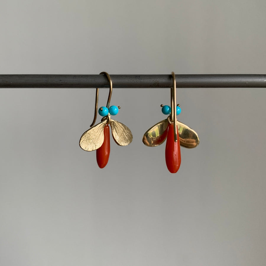 14k Gold & Coral Bejeweled Bug Earrings with Turquoise Eyes hanging back view