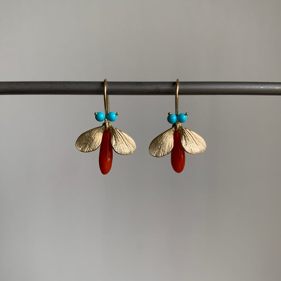 14k Gold & Coral Bejeweled Bug Earrings with Turquoise Eyes hanging