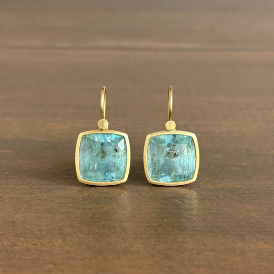 18k Gold & Aquamarine Square Cushion Earrings