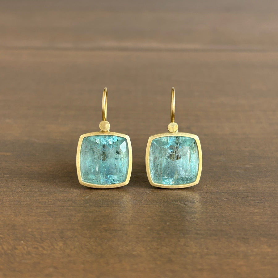 18k Gold & Aquamarine Square Cushion Earrings