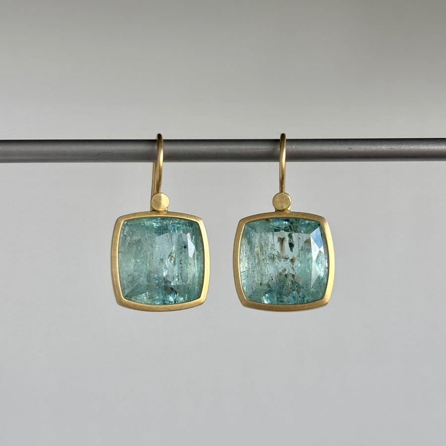 18k Gold & Aquamarine Square Cushion Earrings hanging