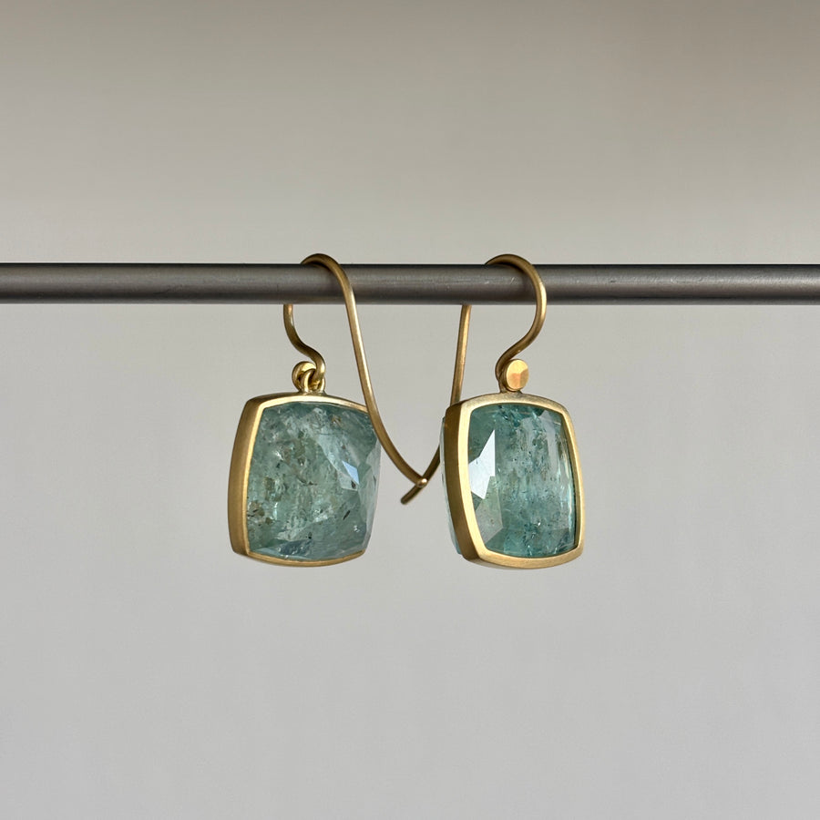 18k Gold & Aquamarine Square Cushion Earrings hanging 2