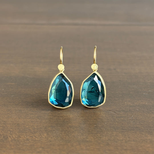 18k Gold & Blue/Green Tourmaline Teardrop Earrings