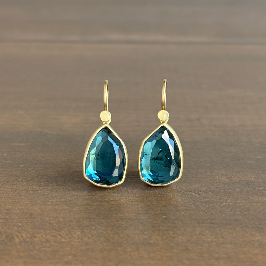 18k Gold & Blue/Green Tourmaline Teardrop Earrings
