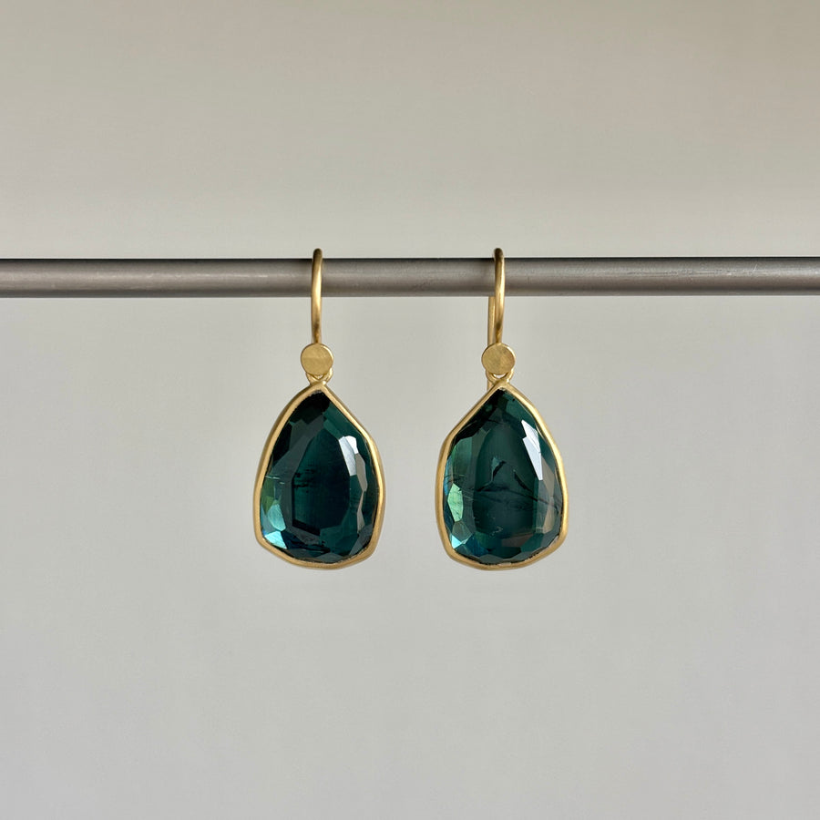 18k Gold & Blue/Green Tourmaline Teardrop Earrings hanging