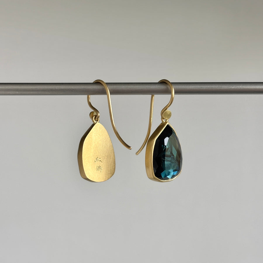 18k Gold & Blue/Green Tourmaline Teardrop Earrings hanging 2