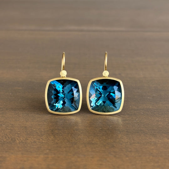 18k Gold & London Blue Topaz Square Cushion Earrings