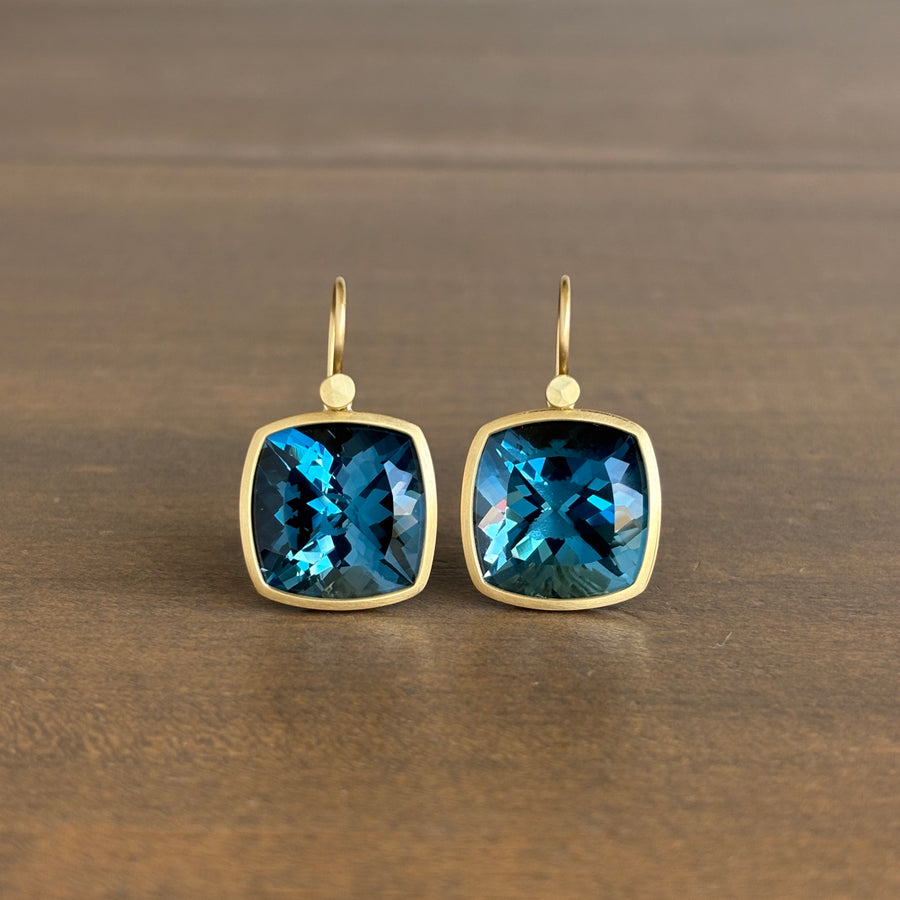 18k Gold & London Blue Topaz Square Cushion Earrings