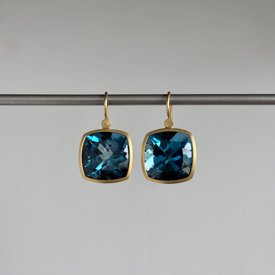 18k Gold & London Blue Topaz Square Cushion Earrings hanging