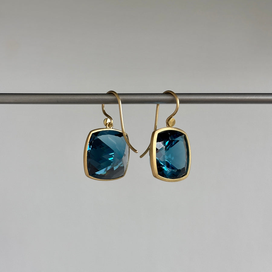 18k Gold & London Blue Topaz Square Cushion Earrings hanging 2