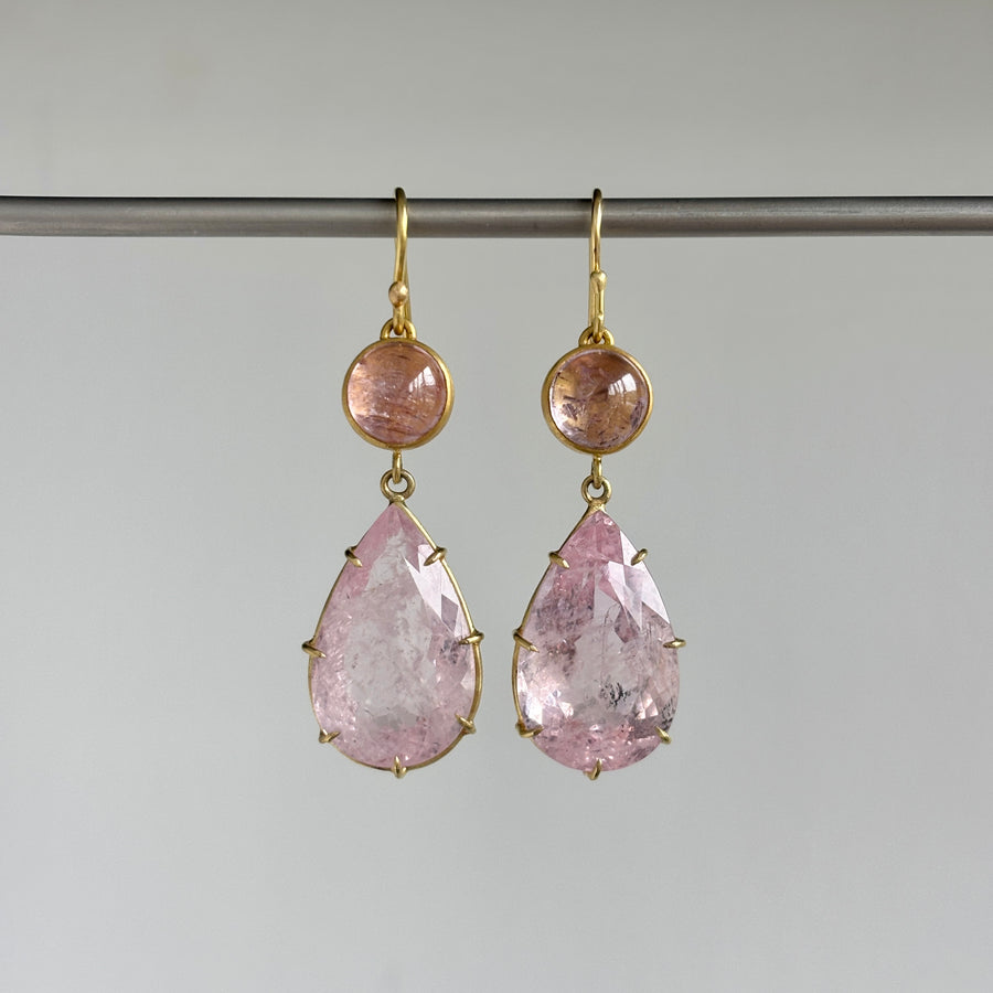 18k Gold & Morganite Double Drop Earrings hanging
