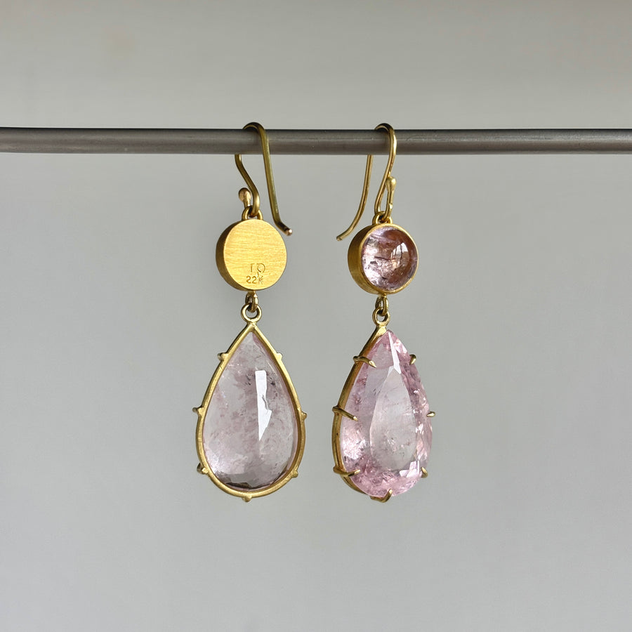 18k Gold & Morganite Double Drop Earrings hanging 2