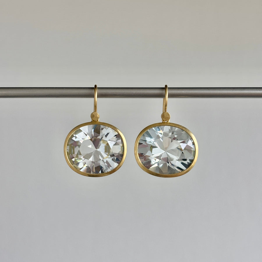 18k Gold & Natural Oval White Topaz Earrings hanging