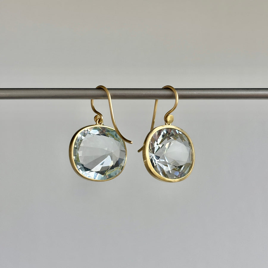 18k Gold & Natural Oval White Topaz Earrings hanging 2