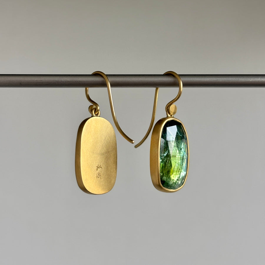 18k Gold & Pale Green Tourmaline Pebble Drop Earrings hanging 2
