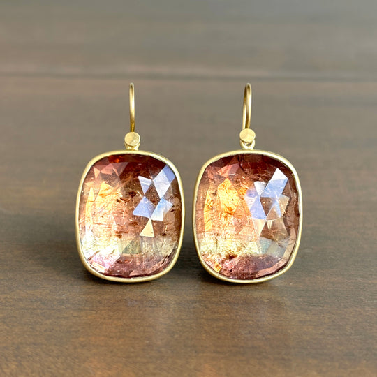 18k Gold & Peach Sunset Tourmaline Cushion Earrings