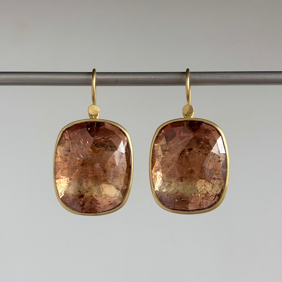 18k Gold & Peach Sunset Tourmaline Cushion Earrings hanging