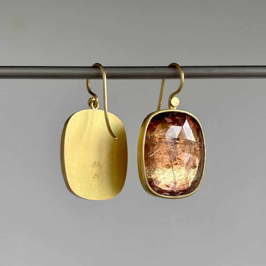 18k Gold & Peach Sunset Tourmaline Cushion Earrings hanging 2