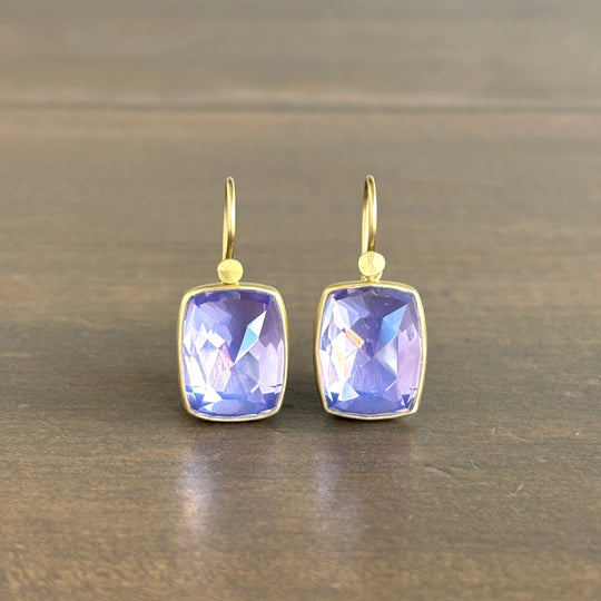 18k Gold & Rose de France Amethyst Cushion Earrings