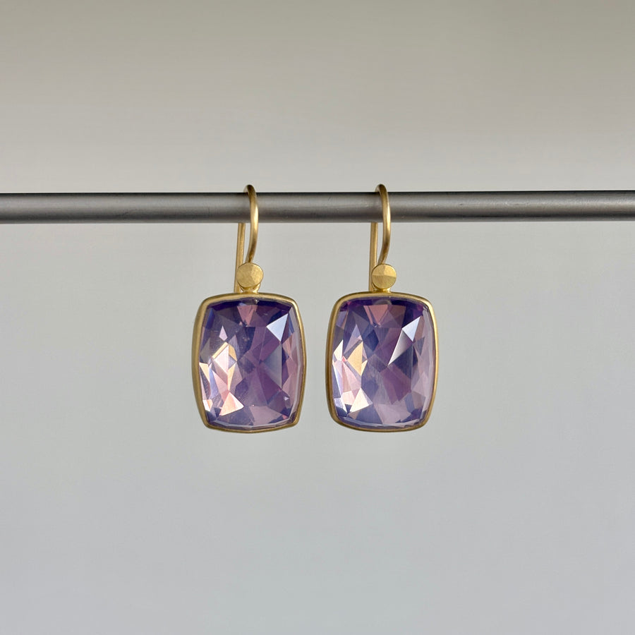 18k Gold & Rose de France Amethyst Cushion Earrings hanging