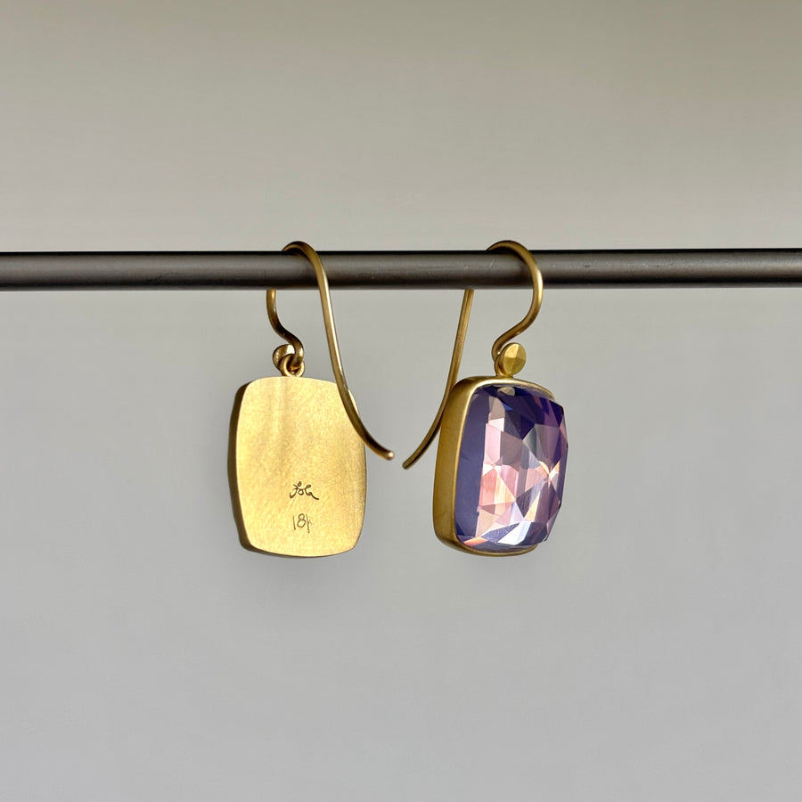 18k Gold & Rose de France Amethyst Cushion Earrings hanging2