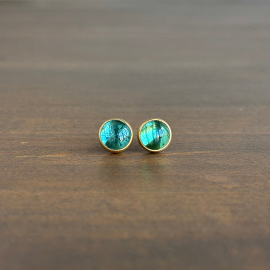 18k Gold & Round Green/Blue Tourmaline Cabochon Stud Earrings