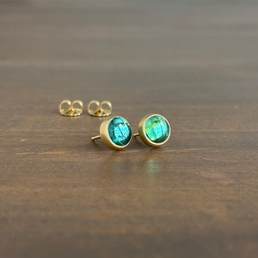18k Gold & Round Green/Blue Tourmaline Cabochon Stud Earrings view 2