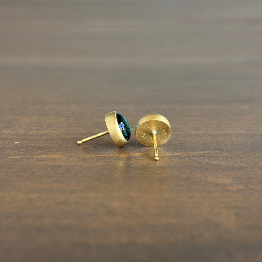 18k Gold & Round Green/Blue Tourmaline Cabochon Stud Earrings view 3