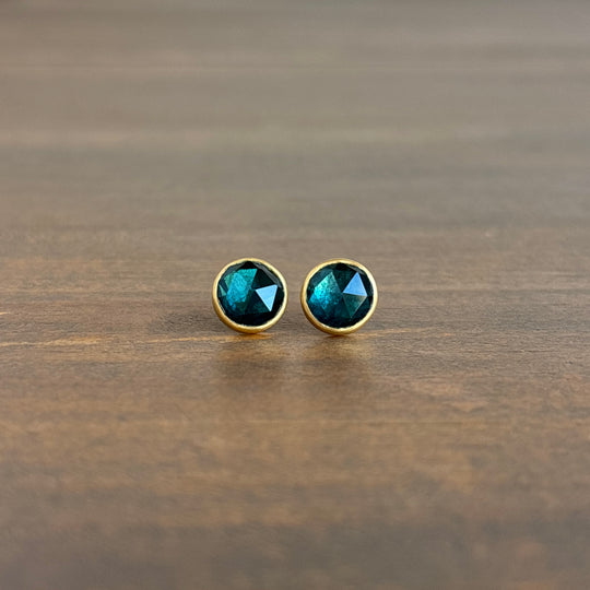 18k Gold & Round Teal Rose Cut Tourmaline Stud Earrings