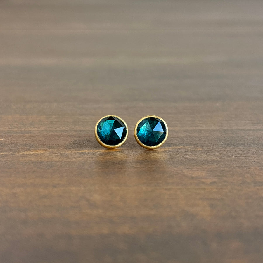 18k Gold & Round Teal Rose Cut Tourmaline Stud Earrings